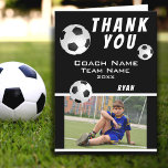 Soccer / Football Sports Thank you Coach Card<br><div class="desc">Black and White Soccer / Football Sports Thank you Coach Card. Soccer thank you coach card with photo, thank you text, coach name, team name, year, your name and soccer balls. Inside the card are more soccer balls. Photo thank you card - add your photo into the template. Personalize the...</div>