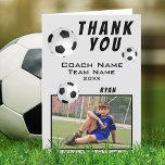 Soccer / Football Sports Thank you Coach Card<br><div class="desc">Soccer / Football Sports Thank you Coach Card. Soccer thank you coach card with photo, thank you text, coach name, team name, year, your name and soccer balls. Inside the card are more soccer balls. Photo thank you card - add your photo into the template. Personalize the card with names...</div>