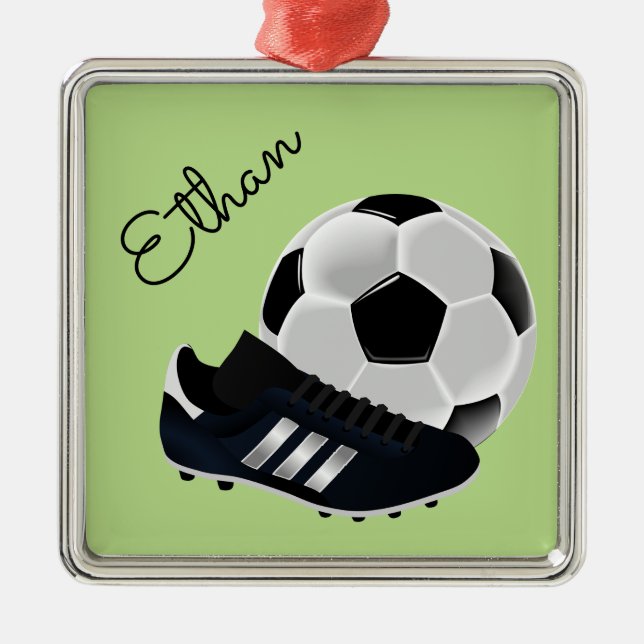 Soccer / Football theme soccer ball personal name Metal Ornament (Front)