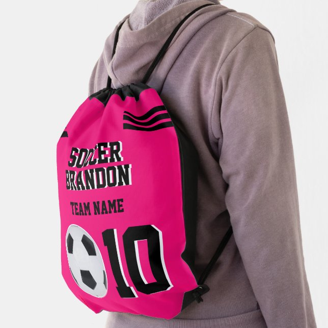 soccer fuchia Drawstring Backpack personalized gol (Insitu)