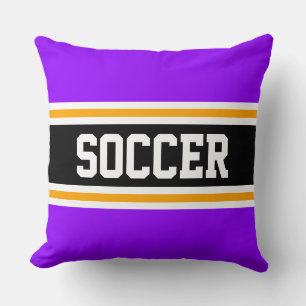 SOCCER Fun Bright Purple Black Orange Stripes Throw Pillow