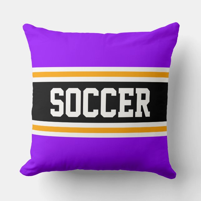 SOCCER Fun Bright Purple Black Orange Stripes Throw Pillow (Front)