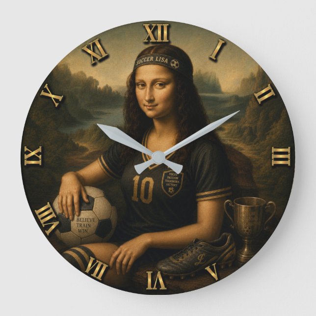 Soccer Funny Mona Lisa Large Clock (Front)