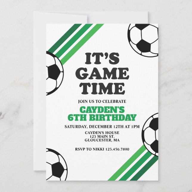 Soccer Game Time Green Stripes Birthday Invitation (Front)