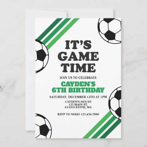 Soccer Game Time Green Stripes Birthday Invitation