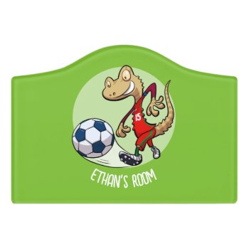 Soccer Gecko Kicking Ball Cartoon Add Your Name Door Sign by NoodleWings at Zazzle