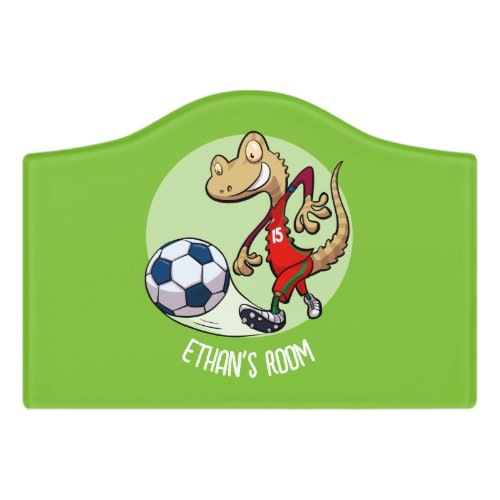 Soccer Gecko Kicking Ball Cartoon Add Your Name Door Sign