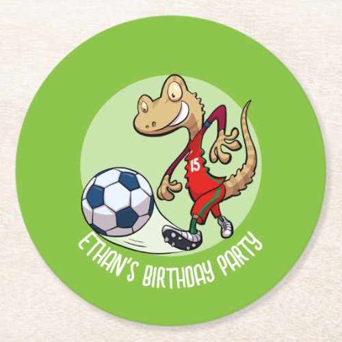 Soccer Gecko Kicking Ball Cartoon Birthday Party  Round Paper Coaster