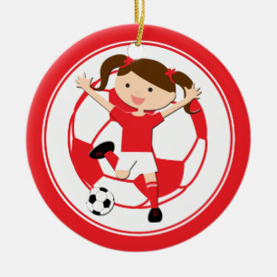 Soccer Girl 1 and Ball Red and White Ceramic Ornament