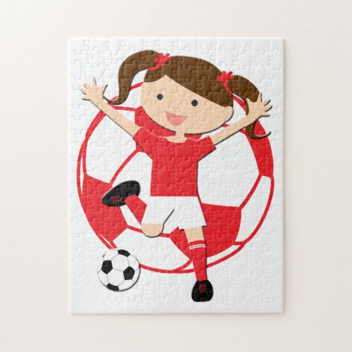 Soccer Girl 1 and Ball Red and White Jigsaw Puzzle