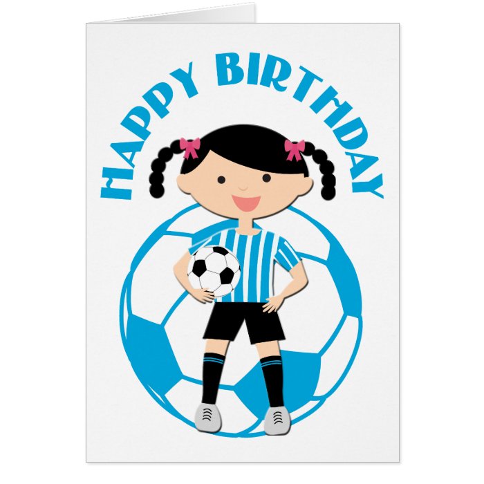 Soccer Girl 2 and Ball Blue and White Stripes Greeting Cards