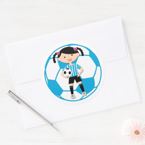 Soccer Girl 2 and Ball Blue and White Stripes Classic Round Sticker