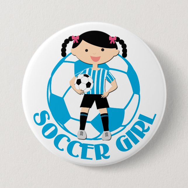 Soccer Girl 2 Ball Blue and White Stripes v2 Button (Front)