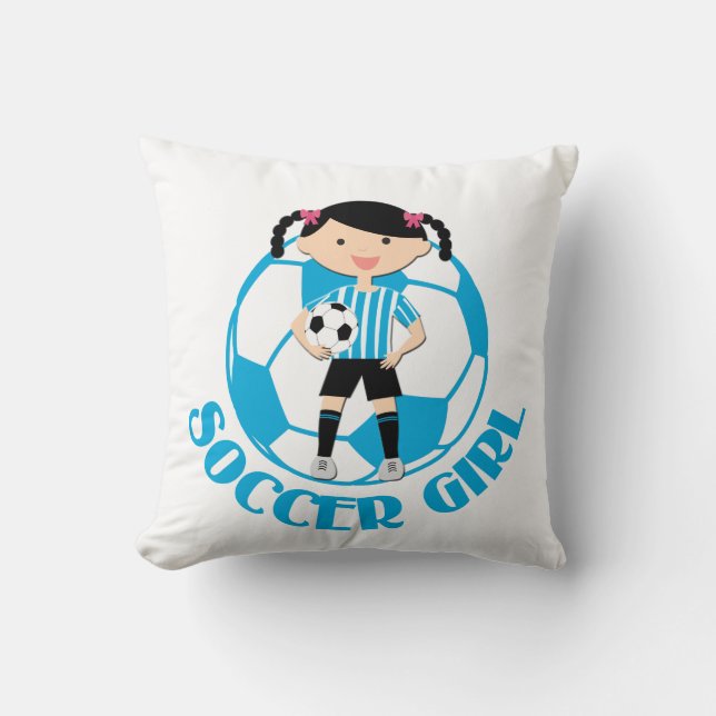 Soccer Girl 2 Ball Blue and White Stripes v2 Throw Pillow (Front)