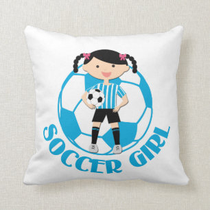 Soccer Girl 2 Ball Blue and White Stripes v2 Throw Pillow