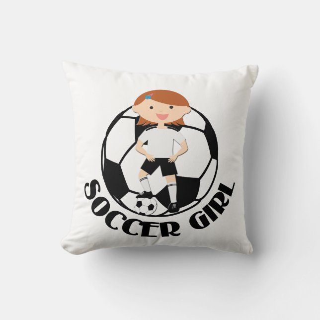 Soccer Girl 3 and Ball Black and White v2 Throw Pillow (Front)