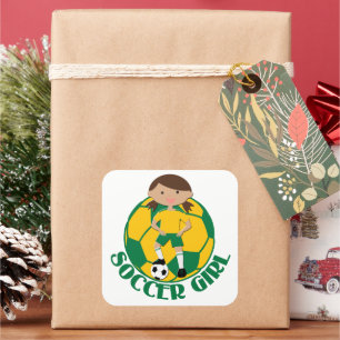 Soccer Girl 4 and Ball Green and Yellow v2 Square Sticker