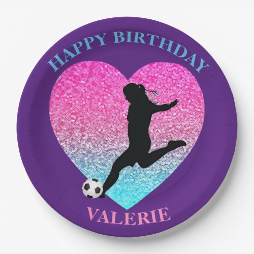 Soccer Girl Happy Birthday Heart   Paper Plates