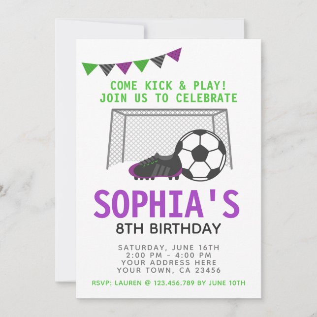 Soccer Girl Invitation, Sport Birthday Party Invitation (Front)