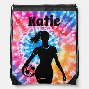 Soccer Girl Personalized Tie-Dye Rainbow Aquarelle Drawstring Bag