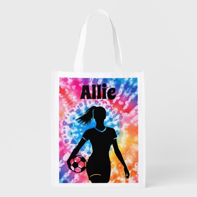 Soccer Girl Personalized Tie-Dye Rainbow Aquarelle Grocery Bag (Front)