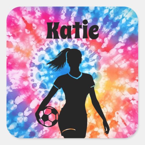 Soccer Girl Personalized Tie_Dye Rainbow Aquarelle Square Sticker