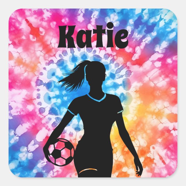 Soccer Girl Personalized Tie-Dye Rainbow Aquarelle Square Sticker (Front)