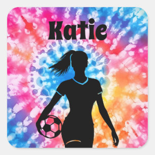 Soccer Girl Personalized Tie-Dye Rainbow Aquarelle Square Sticker