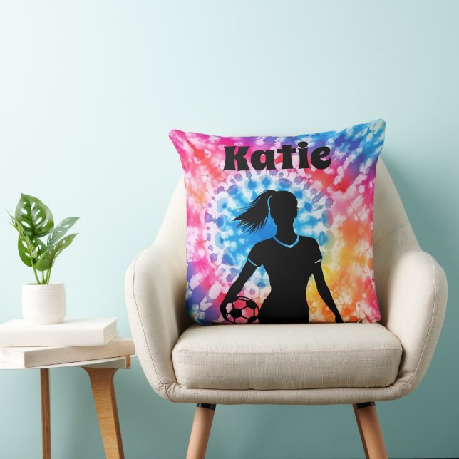 Soccer Girl Personalized Tie-Dye Rainbow Aquarelle Throw Pillow (Chair)