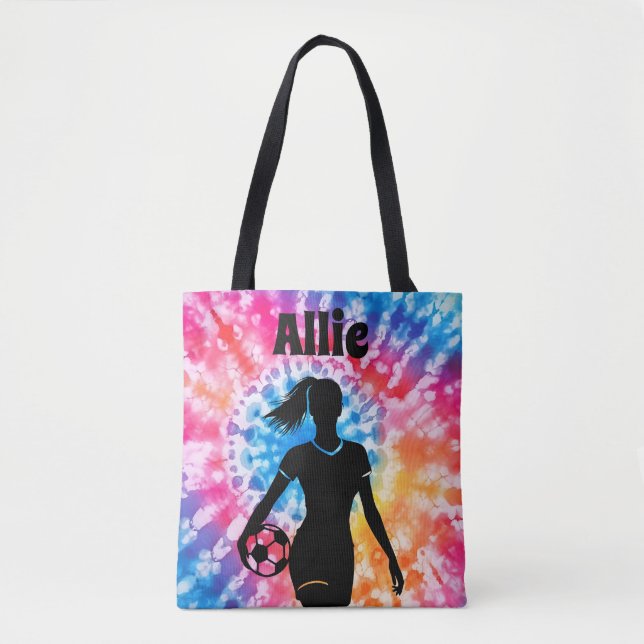Soccer Girl Personalized Tie-Dye Rainbow Aquarelle Tote Bag (Front)