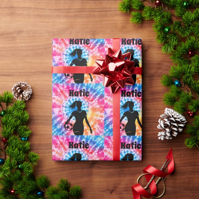 Soccer Girl Personalized Tie-Dye Rainbow Aquarelle Wrapping Paper (Holiday Gift)