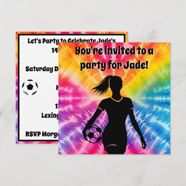 Soccer Girl Personalized Tie-Dye Rainbow Birthday Invitation (Front/Back)