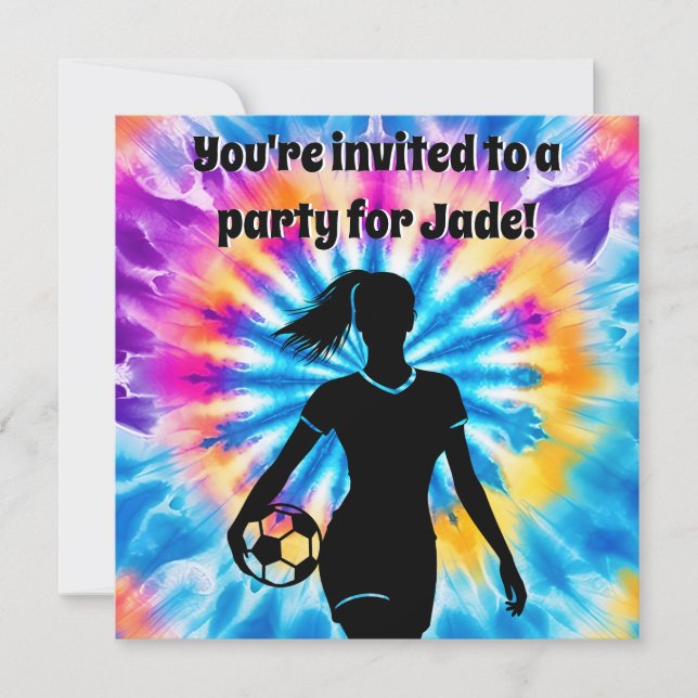 Soccer Girl Personalized Tie-Dye Rainbow Birthday Invitation (Front)