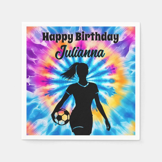 Soccer Girl Personalized Tie-Dye Rainbow Birthday Napkins (Front)