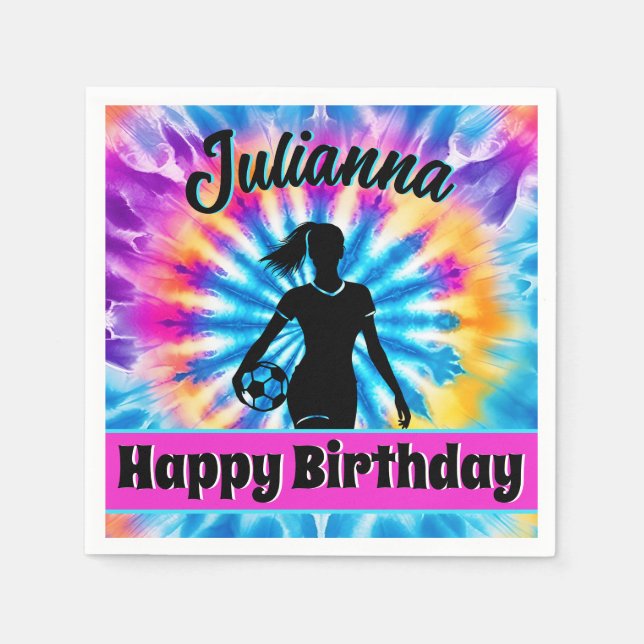 Soccer Girl Personalized Tie-Dye Rainbow Birthday Napkins (Front)