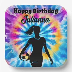 Soccer Girl Personalized Tie-Dye Rainbow Birthday Paper Plates