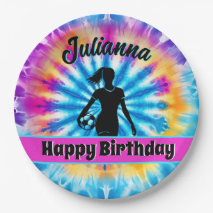 Soccer Girl Personalized Tie-Dye Rainbow Birthday Paper Plates
