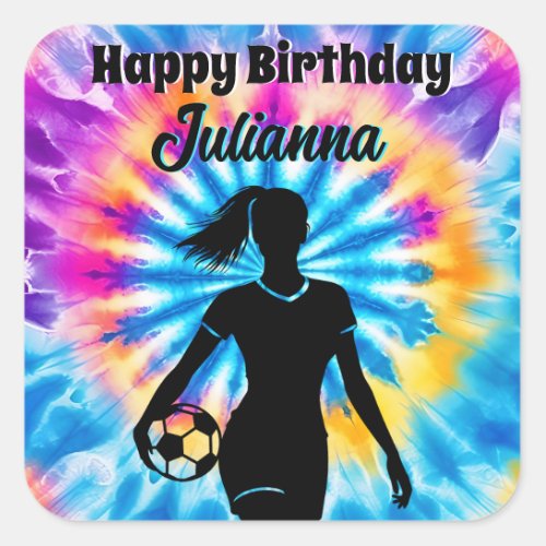 Soccer Girl Personalized Tie_Dye Rainbow Birthday Square Sticker
