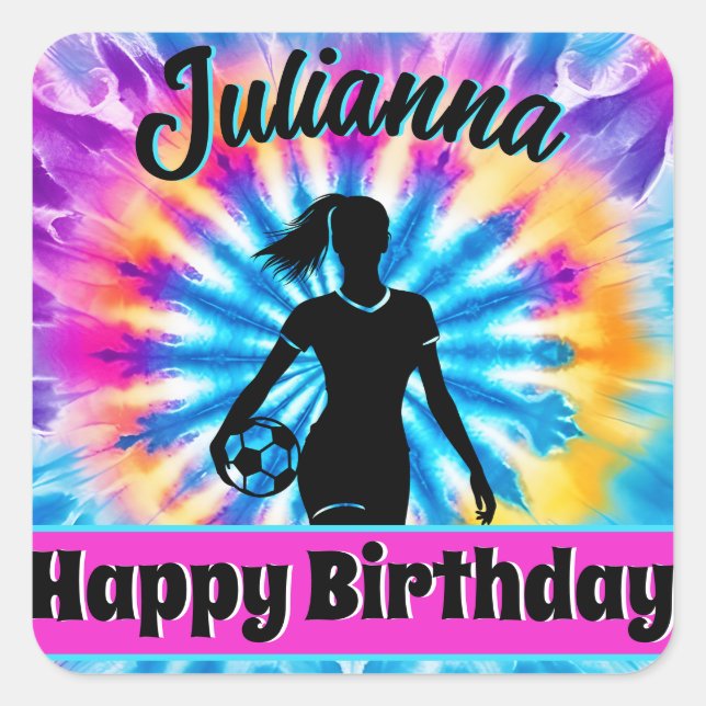 Soccer Girl Personalized Tie-Dye Rainbow Birthday Square Sticker (Front)