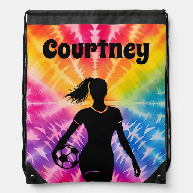 Soccer Girl Personalized Tie-Dye Rainbow Burst Drawstring Bag (Front)