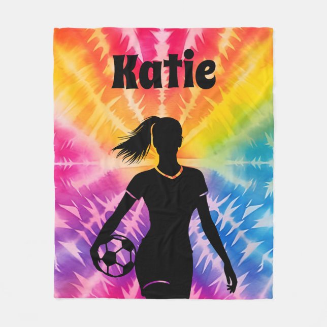 Soccer Girl Personalized Tie-Dye Rainbow Burst Fleece Blanket (Front)