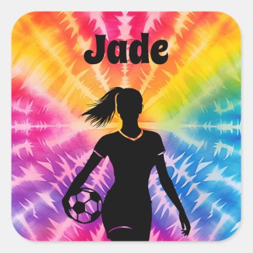 Soccer Girl Personalized Tie_Dye Rainbow Burst Square Sticker