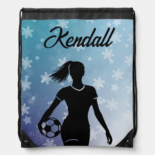 Soccer Girl Personalized Winter Ombre Snowflake Drawstring Bag (Front)