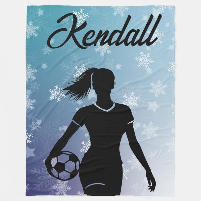 Soccer Girl Personalized Winter Ombre Snowflake Fleece Blanket (Front)