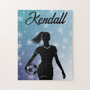 Soccer Girl Personalized Winter Ombre Snowflake Jigsaw Puzzle