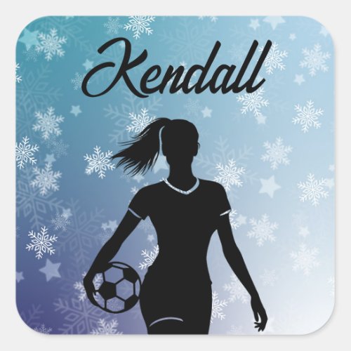 Soccer Girl Personalized Winter Ombre Snowflake Square Sticker