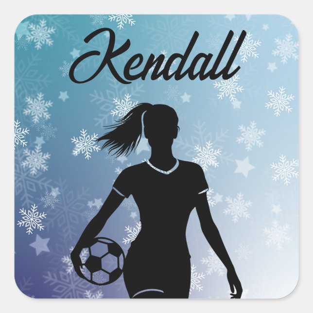 Soccer Girl Personalized Winter Ombre Snowflake Square Sticker (Front)