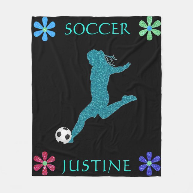 Soccer Girls Sparkly Flower Power Fleece Blanket (Front)