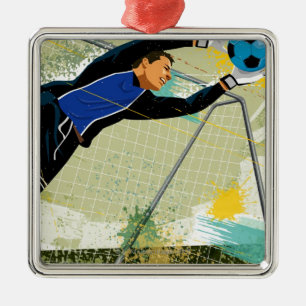 Soccer goalie blocking ball metal ornament