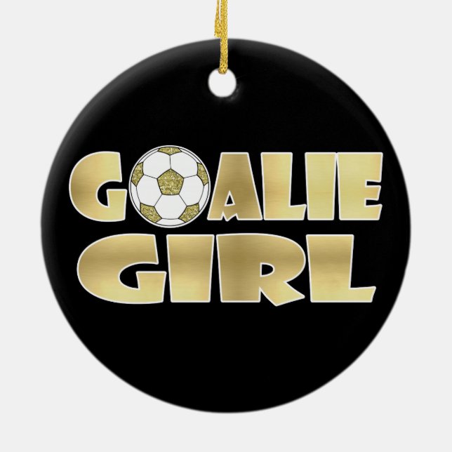 Soccer Goalie Girl Gold Ceramic Ornament (Back)